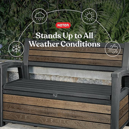 Keter Signature 60 Gallon Storage Bench Deck Box for Patio Furniture, Front Porch Decor and Outdoor Seating – Perfect to Store Garden Tools, Walnut