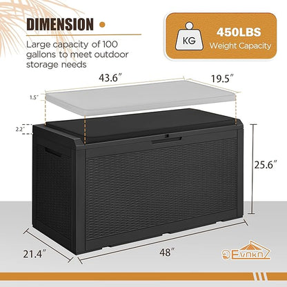 Devoko 100 Gallon Waterproof Large Resin Deck Box Outdoor Storage Box Indoor Lockable Storage Container with Cushion for Patio Furniture Garden Pool Cushions (Black)