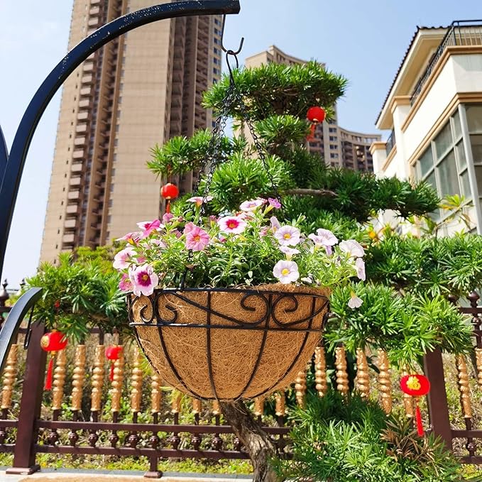 Outdoor Metal Hanging Planters Basket (4pack, 12 inch) Hanging Baskets for Plants Chain Round Wire Plant Holder with Coco Fiber Liners for Garden, Patio, Deck, Porch(Flower Border)