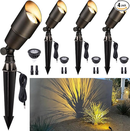 Gardenreet Brass Landscape Lighting - Outdoor Low Voltage Spotlights LED, 12V Wired Uplights, Waterproof Spot Lights, Antique Bronze for Outside Trees with 5W 2700K Warm White MR16 Bulb (4 Pack)