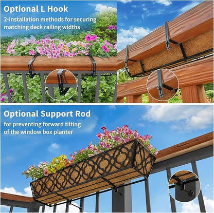 Y&M 30 inch Window Planter Box 4Pcs Iron Window Deck Railing Planter with Coco Liner, Metal Horse Troughs Fence Planter for Outdoor Balcony Rail Fence Porch Patio