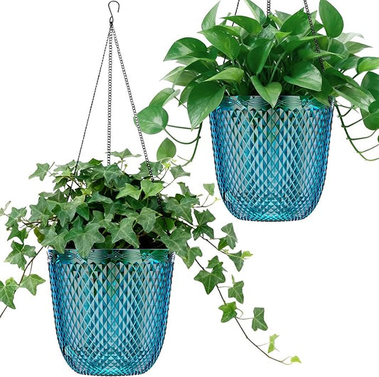 QCQHDU Self Watering Hanging Pots, 2 Pack 7.2 Inch Hanging Planters for Plants Indoor, Outdoor Plant Hanger Flower Pots with Drainage Holes and 3 Hooks Chains for Garden Home (Klein Blue)