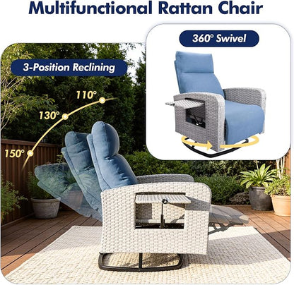 Outdoor Recliner Chair Set of 2, Wicker Patio Recliners with Adjustable Backrest and Extended Foot Rest, Reclining Patio Chairs with Flip Table & Removable Cushion Cover for Porch