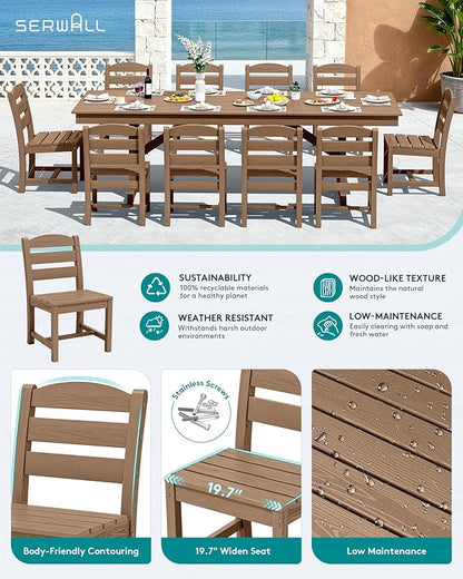SERWALL 11 Piece Outdoor Dining Set, 84" HDPE Outdoor Large Dining Table and Chairs Set for 10，All Weather Patio Dining Furniture Set with Umbrella Hole for Backyard, Garden, Brown