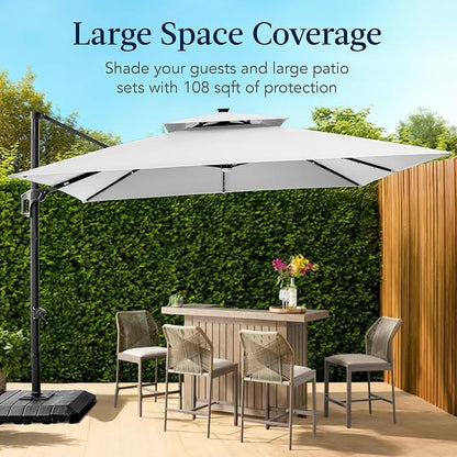 Best Choice Products 9x12ft LED Cantilever Patio Umbrella w/Base Included & 360° Rotation, Large Solar Offset Hanging Outdoor Sun Shade for Deck, Backyard Table w/Stand & Lights – Fog Gray