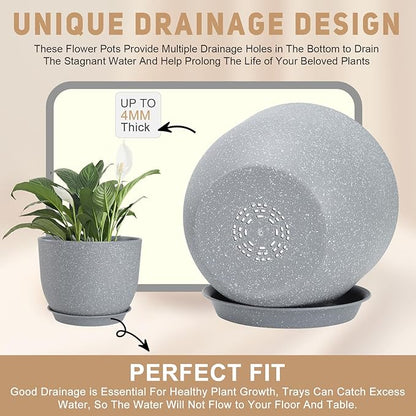 Plant Pots 10/9/8/7.5/7 inch Flower Pots with Multi Mesh Drainage Holes, Planters for Indoor Outdoor Garden Plants and Flowers. (Gray)