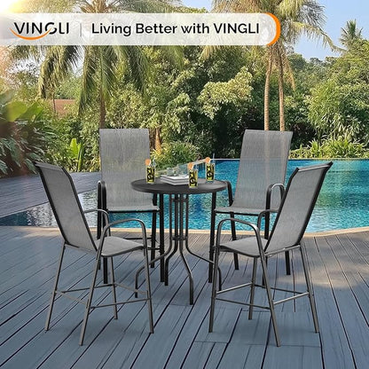 VINGLI Set of 4 Stackable Outdoor Bar Stools – Sling Chairs with High Back & Armrests, for Lawn, Garden, Bar, Grey
