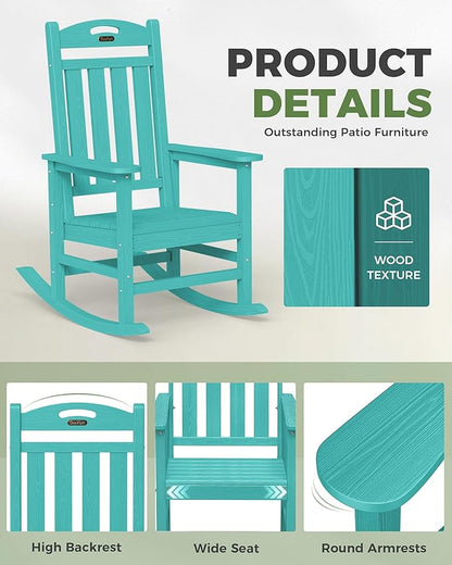 Oversized Rocking Chairs Outdoor Set of 4, High Back Porch Rocking Chair, HDPE All Weather Resistant Patio Chairs, 380lbs Weight Capacity, Lake Blue