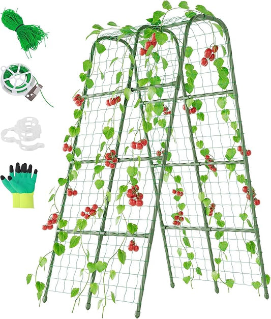 Miory Cucumber Trellis for Raised Beds, 32 x 63 Inch Metal U-Frame Garden Trellis for Climbing Plants Outdoor with Climbing Net, Plant Support for Cucumber Tomato Bean Pea