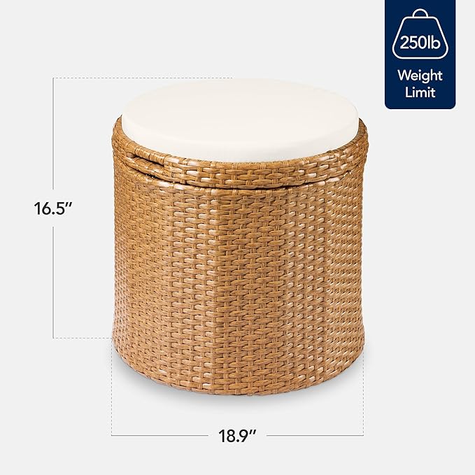 Best Choice Products Round Wicker Ottoman, Multipurpose Outdoor Furniture for Patio, Backyard, Additional Seating, Footrest, Side Table w/Storage, Removable Cushions – Natural/Ivory