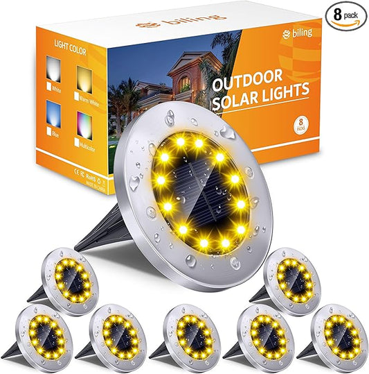 Biling Solar Ground Lights Outdoor 8 Packs, Flat Bright 12 LEDs Solar Lights Outdoor Waterproof for Yard Walkway Garden Driveway (Warm White)