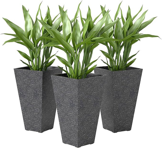 Outsunny 28 Inch Tall Planters for Outdoor Plants, Set of 3 Plastic Flower Pots with Marble Finish and Drainage Holes, Stackable Tapered Large Planters for Indoor Plants, Front Porch Decor, Black