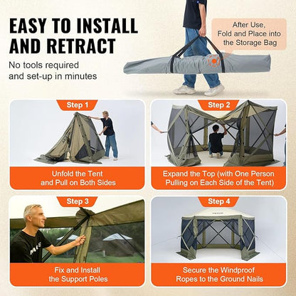 VEVOR 12x12ft Pop Up Gazebo Tent with Mosquito Netting, 6 Removable Wind Panels & 2 Mesh Windows, Outdoor Canopy Shelter for Patio, Army Green