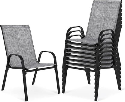 Outdoor Stackable Chairs Set of 8, Stacking Patio Chairs with Textilene Fabric, Outside Furniture for Garden Backyard Balconie Poolside Deck, Grey