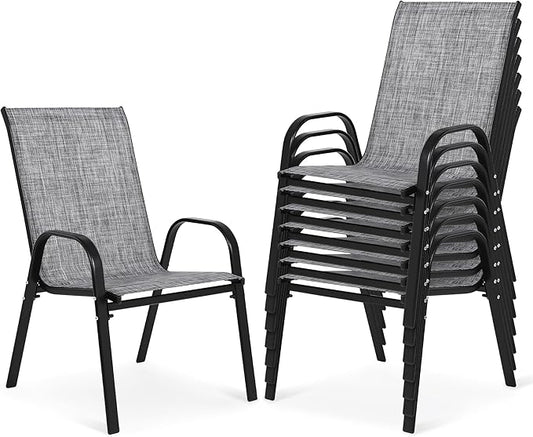 Outdoor Stackable Chairs Set of 8, Stacking Patio Chairs with Textilene Fabric, Outside Furniture for Garden Backyard Balconie Poolside Deck, Grey