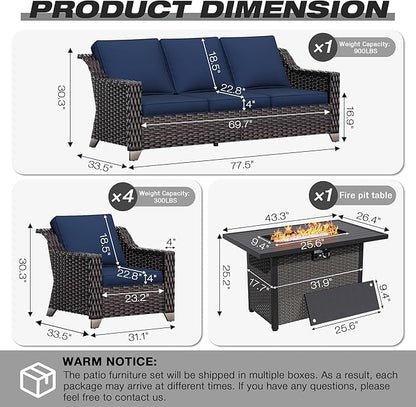 Joyside Wicker Patio Furniture Sets, 6 Pieces Upgraded Large Size Outdoor Furniture with 4 Swivel Rocking Patio Chairs, 3-Seat Sofa, Fire Table,Thick Cushions, Wide Armrest, Blue