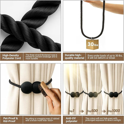 Hion Magnetic Curtain Tiebacks Black 6 Pack, Curtain Tiebacks Buckles Holdbacks Holders Hooks Clip for Home Bedroom Office Decorative Thick or Thin Curtain