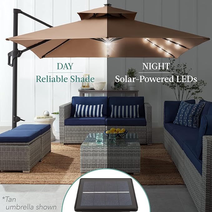 Best Choice Products 10x10ft Cantilever Patio Umbrella w/Base Included, Solar LED Lights 360 Rotation Large Offset Hanging Outdoor Shade for Deck Pool Backyard w/Stand – Gray
