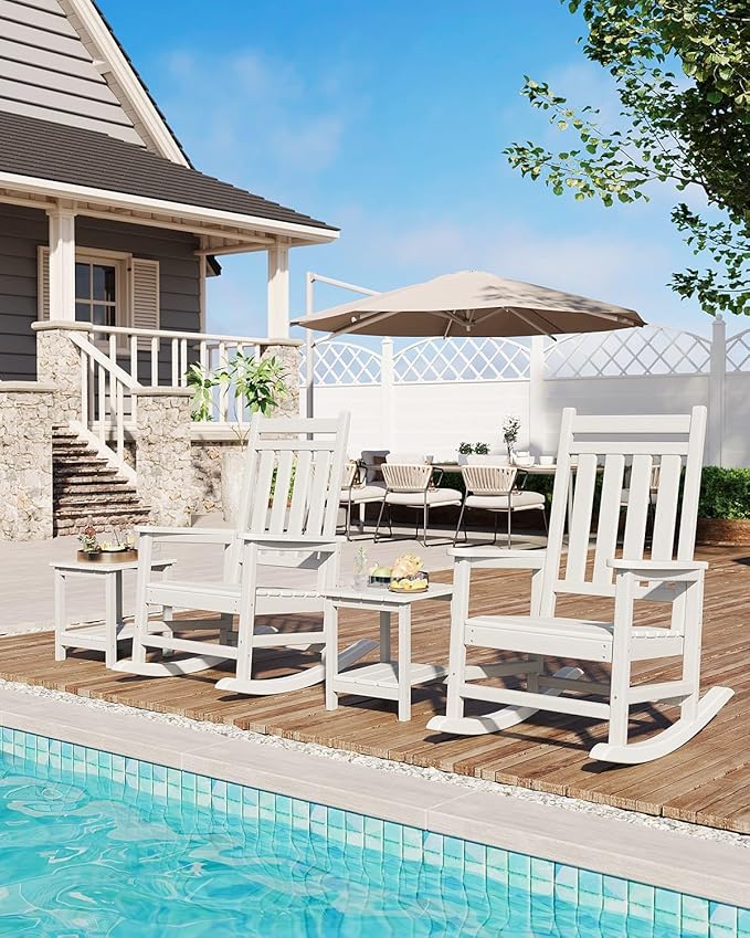 HDPE Rocking Chair Outdoor Set of 4 - Poly High Back Porch Rocker Chairs for Adults - All Weather Resistant Furniture for Patio Front Porch - White