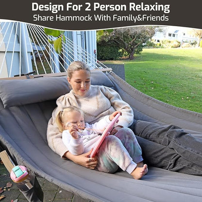 Double Quilted Fabric Hammock with Hardwood Spreader Bars and Pillow 450 LBS Capacity 2 Person Large Hammock for Outdoor Patio Backyard Poolside - Brown