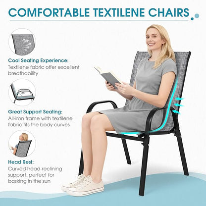 Outdoor Stackable Chairs Set of 6, Stacking Patio Chairs with Textilene Fabric, Outside Furniture for Garden Backyard Balconie Poolside Deck, Grey