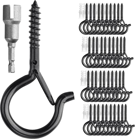 PlusRoc 40 Pack Ceiling Hooks for Hanging Plants Outdoor String Lights Heavy Duty, 2.2 Inch Eye Hook Screw in Cup Hooks Q-Hanger for Patio Lights, Wall Wood Fence Deck Mount(Black)