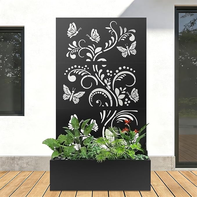 Metal Raised Garden Bed with Trellis & Privacy Screen, 71"x40"x11.8" Galvanized Freestanding Planter Box for Patio Balcony, Modern Planter with Drainage for Climbing Plants, Flowers & Vegetable