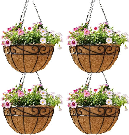 Outdoor Metal Hanging Planters Basket (4pack, 14 inch) Hanging Baskets for Plants Chain Round Wire Plant Holder with Coco Fiber Liners for Garden, Patio, Deck, Porch(Flower Border)
