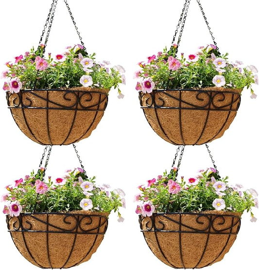 Outdoor Metal Hanging Planters Basket (4pack, 12 inch) Hanging Baskets for Plants Chain Round Wire Plant Holder with Coco Fiber Liners for Garden, Patio, Deck, Porch(Flower Border)