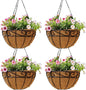 Outdoor Metal Hanging Planters Basket (4pack, 10 inch) Hanging Baskets for Plants Chain Round Wire Plant Holder with Coco Fiber Liners for Garden, Patio, Deck, Porch(Flower Border)