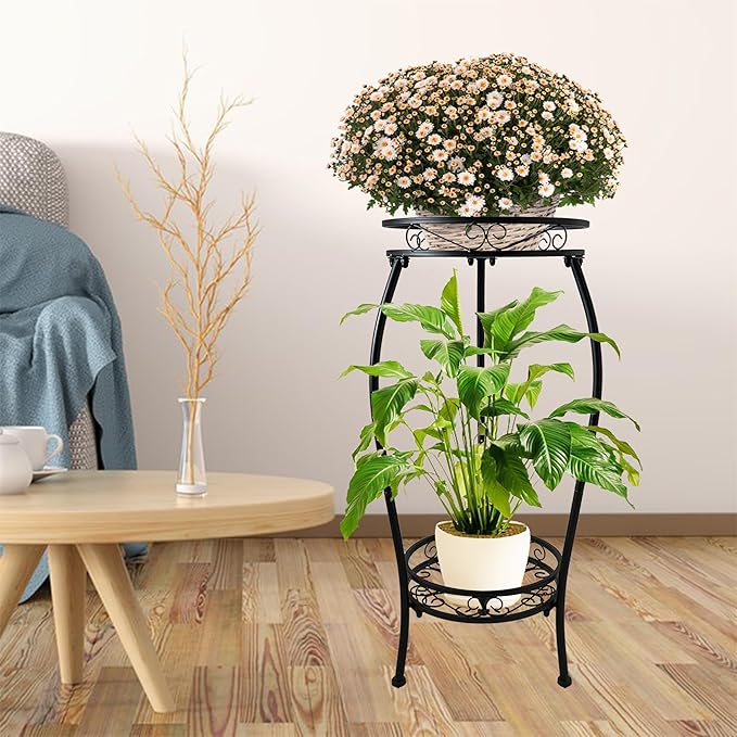 CASIMR 2 Tier Plant Stand Indoor Outdoor, 26.6" Tall Metal Potted Holder Rack Multiple Flower Pot Stand Heavy Duty Plant Shelf Rustproof Iron Plant Round Supports Rack