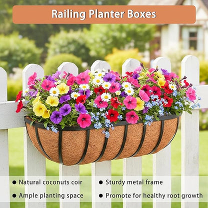16'' Window Box Railing Planter with Coco Liner,2 Pack Horse Trough Planters Black Metal Hanging Flower Planters Basket for Porch Fence Patio Indoor Outdoor Lawn