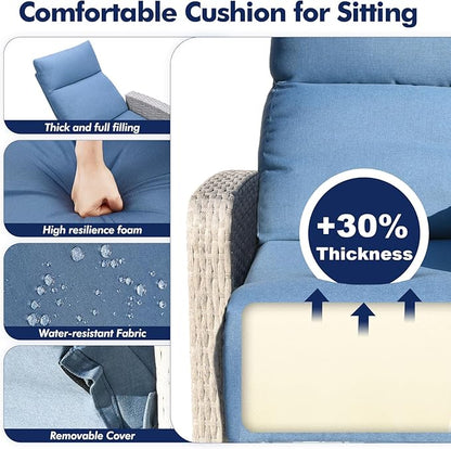 Outdoor Recliner Chair, Wicker Patio Recliners with Adjustable Backrest and Extended Foot Rest, Reclining Patio Chairs with Flip Table & Removable Cushion Cover for Porch