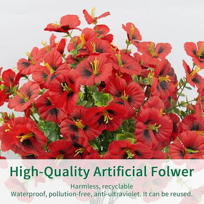 24 Bundles Artificial Pansy Flowers for Outdoor, Faux Silk Pansies Spring Flowers Outside for Planter Front Door Porch Patio Yard Window Box Home Decor (Red)