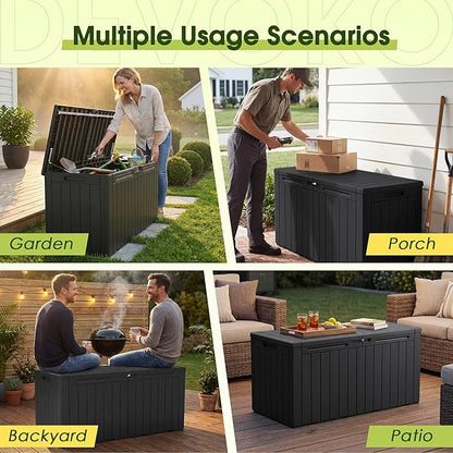 Devoko 100 Gallon Outdoor Storage Box, Waterproof Resin Deck Box for Patio Furniture, Lockable Container for Garden Cushions & Pool Supplies (Black, 100 Gallon)