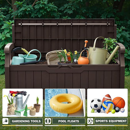 Flamaker 80 Gallon Storage Bench with Cushions Outdoor Indoor, Durable All-Weather Seating with Hidden Storage, Lockable Deck Box for Garden, Patio, Poolside (Brown)