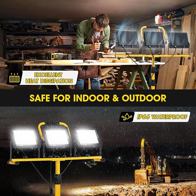 21000Lumen LED Work Lights with Stand - 3 Head Portable Work Light with 16FT Cord - IP66 Waterproof Tripod Worklights for Outdoor Indoor Job Site Workshop Garage Construction Site Lighting