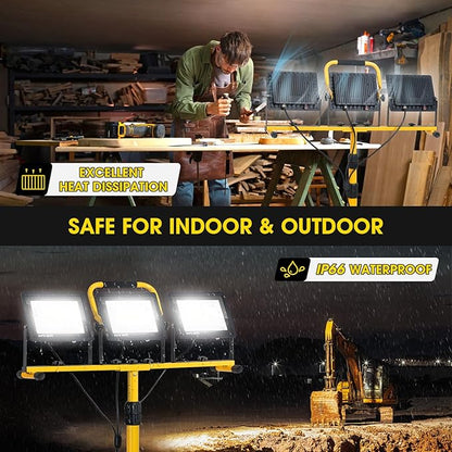 21000Lumen LED Work Lights with Stand - 3 Head Portable Work Light with 16FT Cord - IP66 Waterproof Tripod Worklights for Outdoor Indoor Job Site Workshop Garage Construction Site Lighting