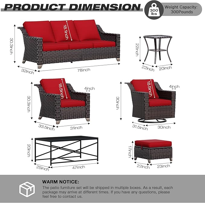 Joyside Wicker Patio Furniture Sets, 6 Pieces Upgraded Large Size Outdoor Furniture with Swivel Rocking Patio Chairs, Outdoor Ottoman, 3-Seat Sofa and Side Table, Thick Cushions, Wide Armrest