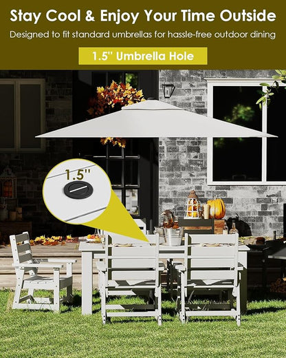 GREENVINES 5-Piece Outdoor Dining Set | HDPE | Patio Table and Chairs Sets for 4 | Patio Furniture | All Weather | Umbrella Hole | White | for Backyard Poolside Garden