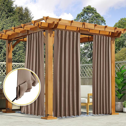 NICETOWN 2 Panels Outdoor Curtains for Patio Waterproof Top & Bottom Pocket & Back Tab, Blackout Outdoor Drapes with Rope for Fixed Windproof Keep Privacy & Warm for Porch, W52 x L95, Tan-Khaki