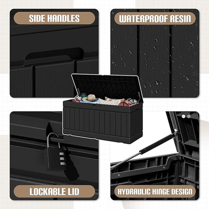 JUMMICO 78 Gallon Outdoor Deck Box Large Resin Storage Box for Patio Furniture Cushions and Garden Tools (Black)