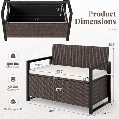 RELAX4LIFE Wicker Outdoor Bench with Storage - Rattan Deck Box w/Protective Liner for Pillows, Pool Supplies, Garden Tools, Patio Loveseat with Seat Cushion & Metal Armrests for Backyard Porch Balcony