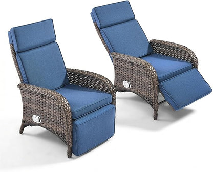 Zero Gravity Wicker Patio Recliner Chairs Set of 2 - Wicker Outdoor Lounge Chair with Adjustable Backrest & Footrest, All Weather Outdoor Reclining Chairs with Thick Cushion for Pool Deck Blue