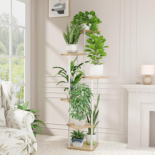 Bamworld White Plant Stand Indoor 6 Tier Metal Plant Shelf for Multiple Plants Tall Flower Stand for Patio Garden Balcony Living Room Bedroom
