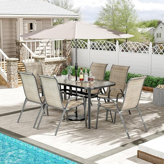 TLSUNNY 7 Pieces Patio Dining Set, Outdoor Table and Chairs W/1.69″ Umbrella Hole, 30"X 55" Table and Stackable Textilene Chair, All Weather Patio Furniture Set (Umbrella not Included) (Brown)