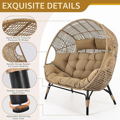 NICESOUL® Double Egg Chair Indoor Outdoor Stationary Oversized Thicken Padded Cushions,2 Person Egg Loveseat Chair, 680 lbs Extra Large Lounge Chair for Patio Balcony Porch Brown