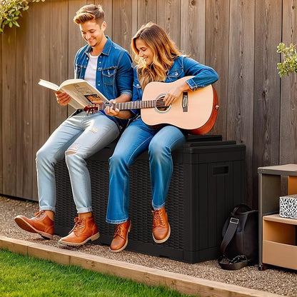 Greesum 100 Gallon Resin Deck Box Large Outdoor Storage with Cushions for Patio Furniture, Garden Tools, Pool Supplies, Weatherproof and UV Resistant, Lockable, Black