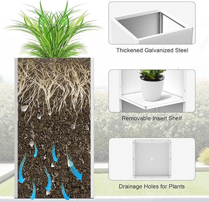Galvanized Steel Metal Planter, 26 Inch White Square Outdoor Planters with Removable Insert Shelf and Drain Holes, Heavy Duty Flower Pot Modern Commercial Residential for Trees Patio Deck Yard Garden