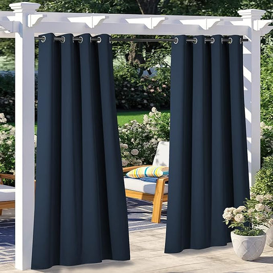 NICETOWN 2 Panels Exterior Blackout Outdoor Curtains for Patio Waterproof, Thermal Insulated Stainless Steel Grommet Durable Outside Vertical Blinds for Yard Party/Picnic, Navy Blue, W52 x L95